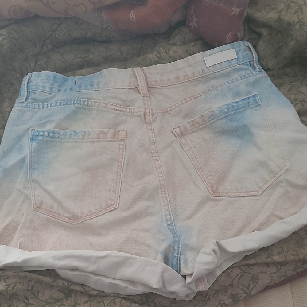 Blank NYC Blue and Pink Jean Shorts Distressed Mid-Length - Picture 3 of 5